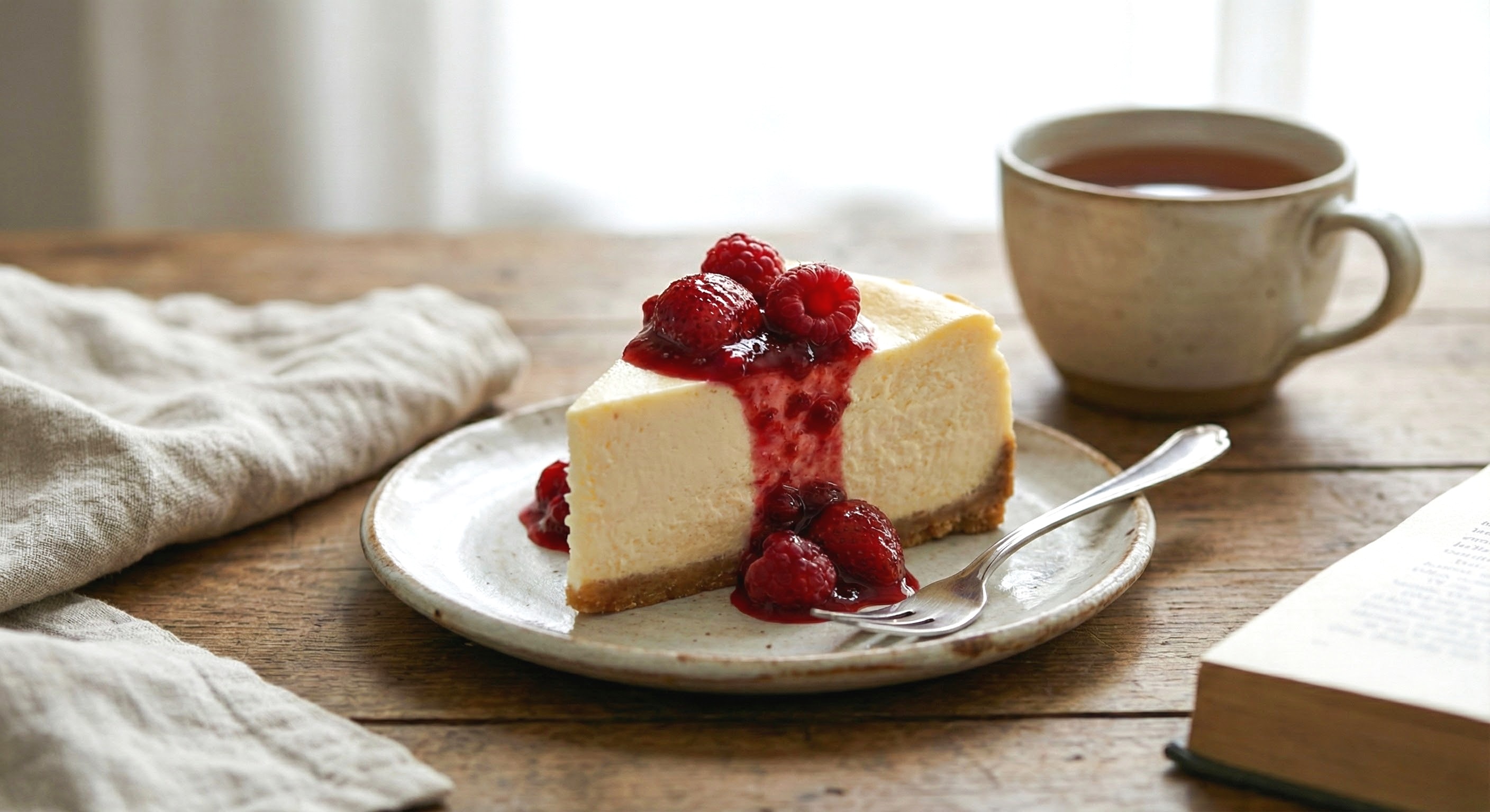 Creamy cheesecake topped with fresh raspberries